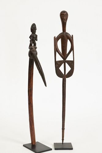 BAMANA OR SENUFO AFRICAN, CARVED WOOD STAFF, H 18.5", W 4.75" 