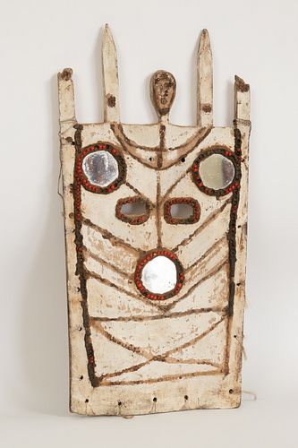 AFRICAN CARVED WOOD, PIGMENT, BEADS, GLASS AND FIBER MASK H 23" W 11" 