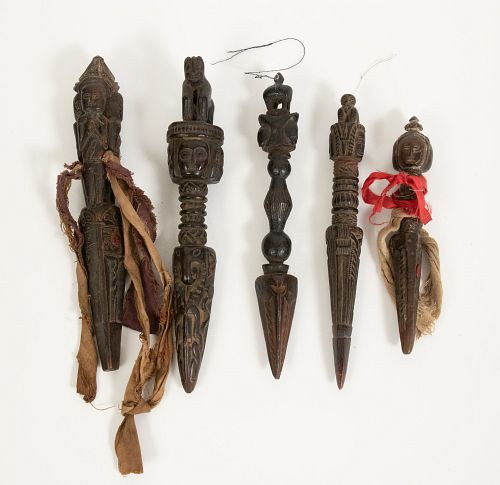 INDO-TIEBETAN BUDDISM CARVED WOOD AND FABRIC, THREE EDGED CEREMONIAL DAGGERS, GROUP OF FIVE, H 7"-9.5" 