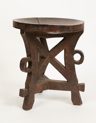 AFRICAN CARVED WOOD WITH PIGMENT, STOOL H 15.25" DIA 12.5" 