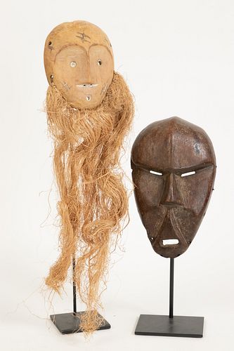 AFRICAN CARVED WOOD AND FIBER, MASKS GROUP OF TWO H 5"-8" W 4"-5" 