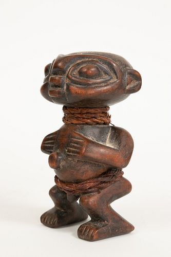 AFRICAN CARVED WOOD WITH FIBER, STANDING MALE FIGURE H 5.5" W 3" 