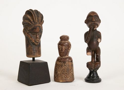 AFRICAN CARVED WOOD AND HORN HEAD; MINIATURE MALE FIGURE; CONTAINER GROUP OF THREE H 3"-4.5" 