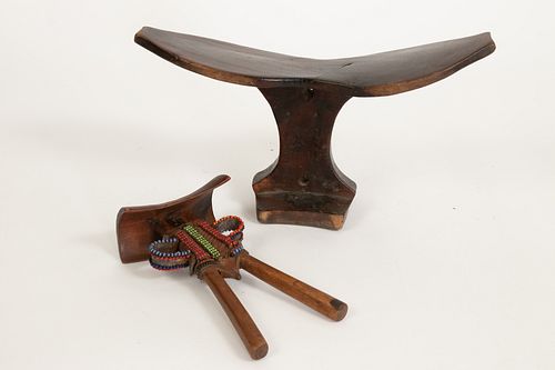 AFRICAN CARVED WOOD, WITH BEADED LEATHER HEAD REST/NECK REST GROUP OF TWO H 7" W 4"-12" 