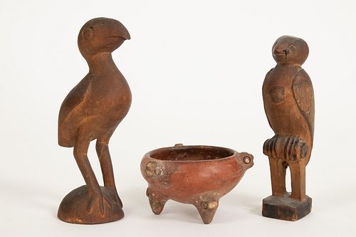 AFRICAN CARVED WOOD BIRDS, WITH CLAY BOWL H 1.5"-6" 