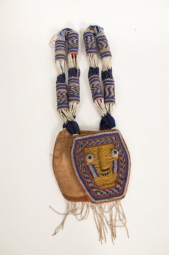 AFRICAN CLOTH, FIBER AND BEADED ANIMAL NECK ORNAMENT W 6" L 41" 