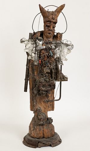 NASSON (HAITIAN) CARVED WOOD, METAL AND WAX SCULPTURE H 36" W 14" D 6' 
