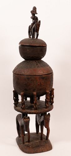 AFRICAN CEREMONIAL VESSEL WITH CARVED COVER, H 38", DIA 10"