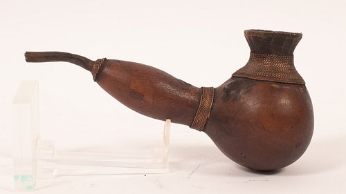 AFRICAN ZULU CHIEF TOBACCO CARVED WOOD PIPE  WITH HAND FORMED COPPER WIRE TWIST AND SMOKING STEM 1840 (1) H 3.5" L 7" 