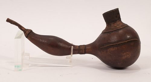 AFRICAN ZULU  CHIEF'S TOBACCO CARVED WOOD PIPE WITH HAND FORMED COPPER WITH HAND F COPPER WIRE TWIST AND SMOKING STEM 1830 (1) H 3'5" L 8.5" 