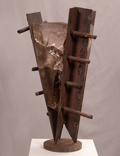 ALBERT  YOUNG (AMERICAN, B.1951) ANGLE IRON, REBAR, AND COOLED MOLTEN GLASS BRUTALIST SCULPTURE 1989/90 H 26" W 14" "LOWER FRAGMENT" 