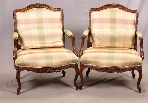 WALNUT FRENCH STYLE OPEN ARM CHAIRS, PAIR 