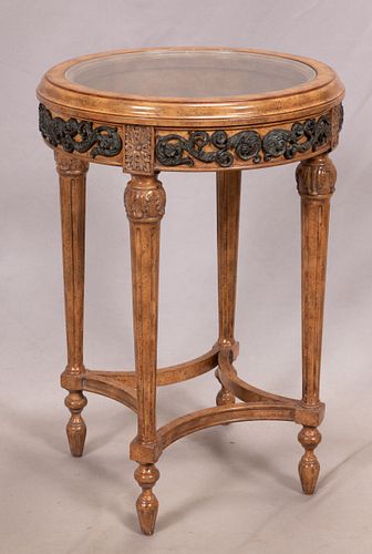 FRENCH STYLE GILT WALNUT, GLASS TOP TABLE H 26" DIA 18" 
