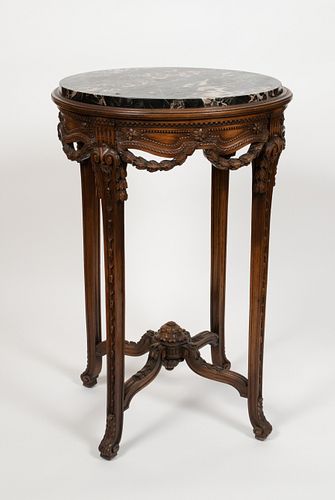 CARVED FRENCH MARBLE TOP WALNUT TABLE C 1900 H 31" DIA 20" 