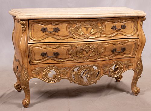 FRENCH STYLE WALNUT AND GILT TWO DRAWER COMMODE H 34" W 51" D 21" 