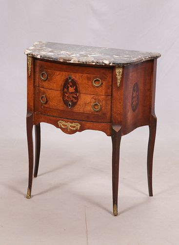 LOUIS XV STYLE FRENCH  MARBLE TOP COMMODE, INLAYS C 1900 H 30" W 25" D 14" 