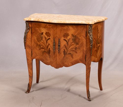FRENCH MARBLE TOP, WALNUT COMMODE H 30" W 32" D 16" 