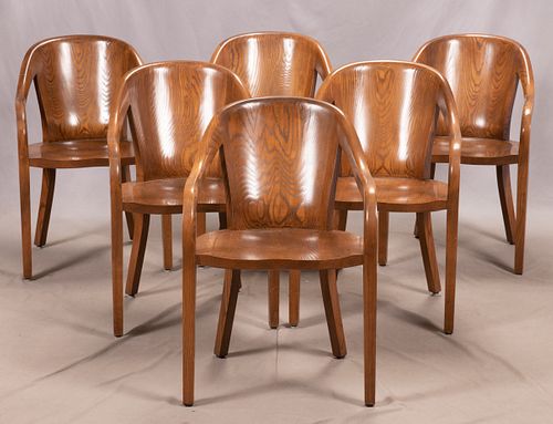 WARD BENNETT DESIGNS FOR BRICKEL ASSOCIATES ENGLISH OAK LACQUERED ASH ARMCHAIRS GROUP OF 6 H 33" W 22.5" D 20" 