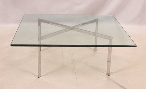 GLASS TOP AND CHROME MID CENTURY MODERN TABLE H 14" W 42" L 42" 