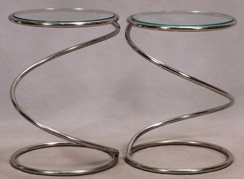 ATTRIBUTED TO MCM PACE SPRIAL FORM STAINLES STEEL END TABLE PAIR, H 18" DIA 13" 