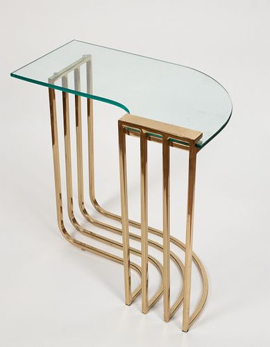 CONTEMPORARY GLASS AND BRASS SIDE TABLE H 20" W 22" L 14" 