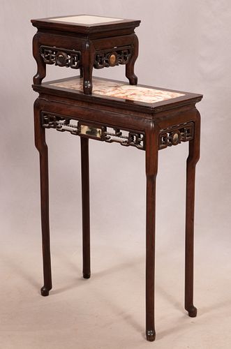 CHINESE TEAKWOOD AND MARBLE TWO TIER  DISPLAY STAND CIRCA 1900 H 45" W 11.5" L 23.5" 
