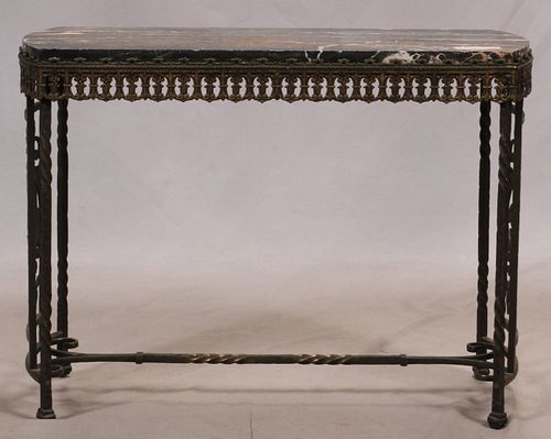 WROUGHT IRON, MARBLE TOP CONSOLE TABLE C 1920, H 21.5" W 11.5" L 29" 