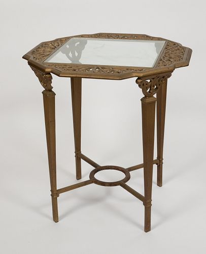 CAST IRON AND GLASS SIDE TABLE, C 1920 H 20" DIA 19" 