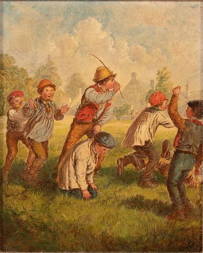 W.H. BORSTON (ENGLISH, 19TH C), OIL ON MAHOGANY PANEL, H 10", W 8", BOYS IN THE FIELD 