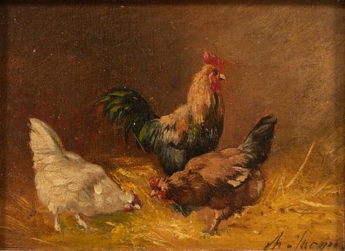 CHARLES EMILE JACQUE (FRANCE, 1813-94), OIL ON PANEL, H 2.5", W 4", COQ ET POULES 