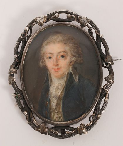 ATTRIBUTED TO JEAN BAPTISTE  ISABEY (FRENCH, 1767-55),  FRENCH  PORTRAIT MINIATURE ON MOTHER OF PEARL 18TH C. H 2.5", W 2"