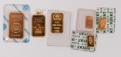CREDIT SUISSE 24KT FINE GOLD BARS, 6 PCS, H 1/2"-1.5" T.W. 35.5 GR 