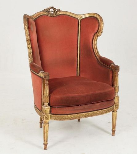 LOUIS XVI STYLE CARVED GOLD GILT WOOD WINGED BERGERE