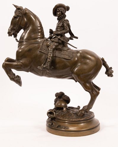 EMMANUEL  FREMIET, FR 1824 - 10,  BRONZE SCULPTURE  H 17" L 13" CAVALIER ON HORSEBACK 