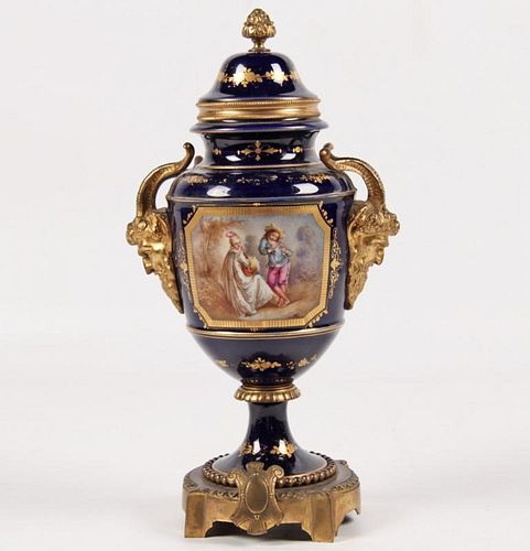 FRENCH 14" SEVRES BRONZE MOUNTED CAPPED URN