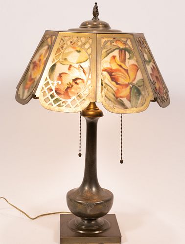PAIRPOINT REVERSE PAINTED GLASS TABLE LAMP WITH SEVEN INSET PANELS H 24" DIA 16" 