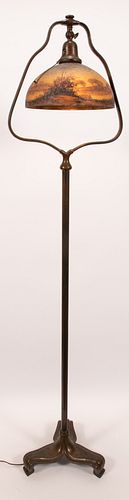 PAIRPOINT REVERSE PAINTED GLASS AND BRONZE FLOOR LAMP H 58" L 13" BASE 
