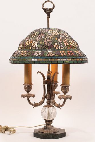 AMERICAN ART GLASS  LEADED GLASS SHADE ON A  PAIRPOINT BASE, H 26" DIA 14.5" 