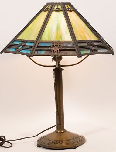 BRADLEY AND HUBBARD ART DECO ART GLASS PATINATED METAL TABLE LAMP H 22" DIA 16.25" 