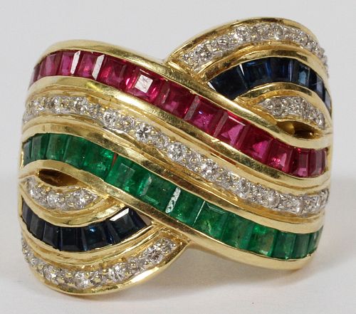 2.50CT EMERALD, SAPPHIRE, RUBY & DIAMOND CROSSOVER RING, 12.6GR, SIZE 7