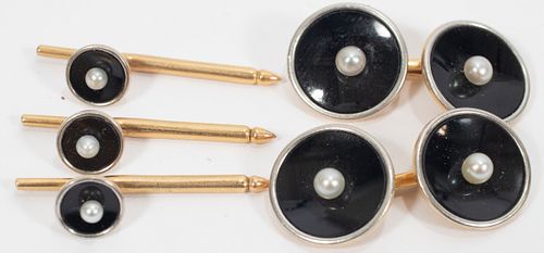 14KT YELLOW GOLD, PEARL AND ONYX CUFFLINKS AND STUDS 5 PCS. 