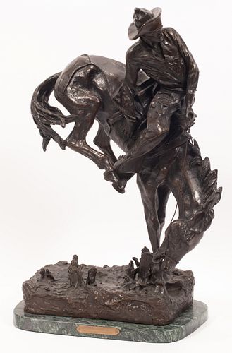 AFTER FREDERIC REMINGTON (AMERICAN, 1861–1909) BRONZE H 20" W 14" D 6.5" OUTLAW 