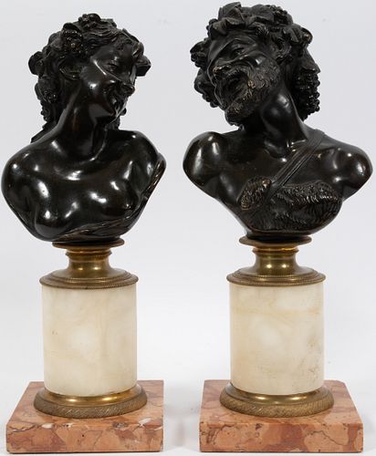BRONZE BUSTS ON ALABASTER & MARBLE, 20TH C, PAIR, H 13", W 4.5", FAUN & BACCHANTE 