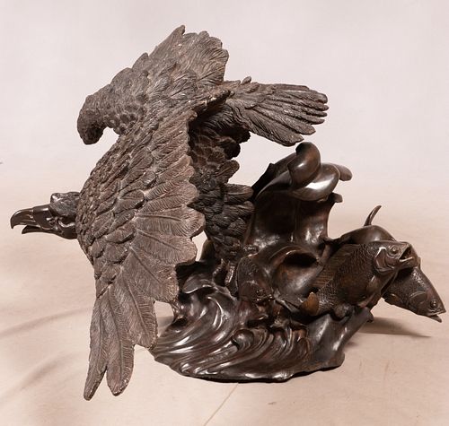BRONZE SCULPTURE, LARGE SCALE, H 22" L 53" D 31" EAGLE AND FISH OVER WAVES 