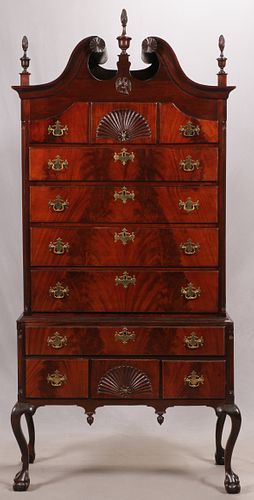 MAHOGANY CHIPPENDALLE BONNET TOP HIGHBOY 18TH.C. H 88" W 39" 