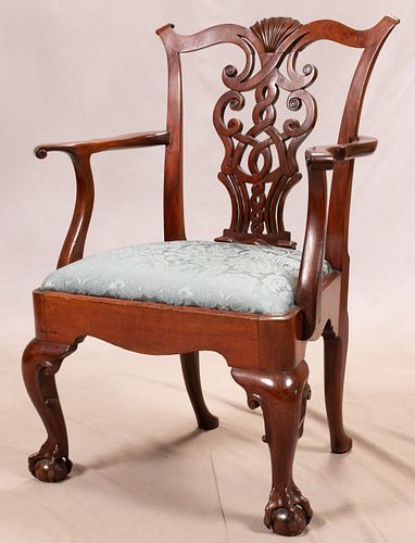 CHIPPENDALE MAHOGANY OPEN ARM CHAIR 18H.C. H 37", W 27", D 20" 