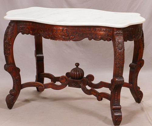 AMERICAN  CARVED MAHOGANY TABLE WITH WHITE MARBLE TURTLE TOP C 1890 - 1910 H 30" W 27" L 44" 