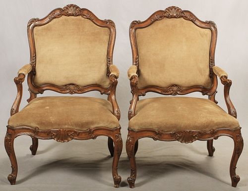 LOUIS XV STYLE OPEN ARM CHAIRS, SUEDE UPHOLSTERY, PAIR, H 40", W 25"