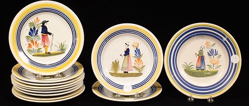HENRIOT QUIMPER, FRENCH FAIENCE CABINET PLATES, SET OF 12 DIA 8.5" 