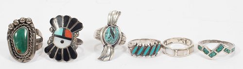 STERLING NAVAJO RINGS, LOT OF SIX, SIZE 7 - 8 